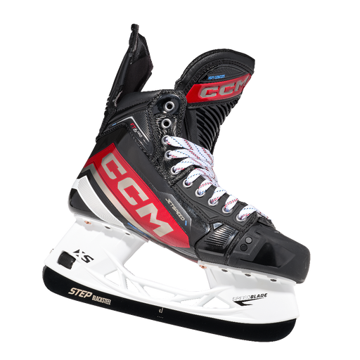 Black and red skates, with white and red laces.