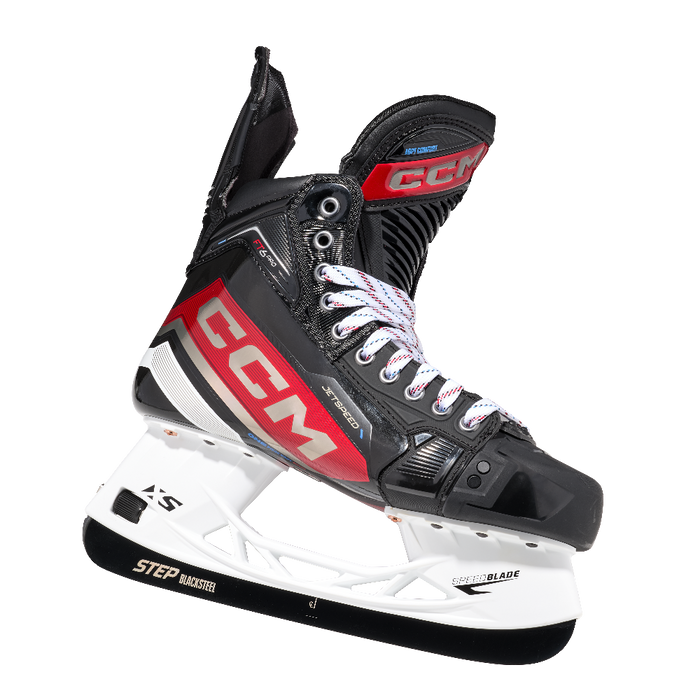 Black and red skates, with white and red laces.