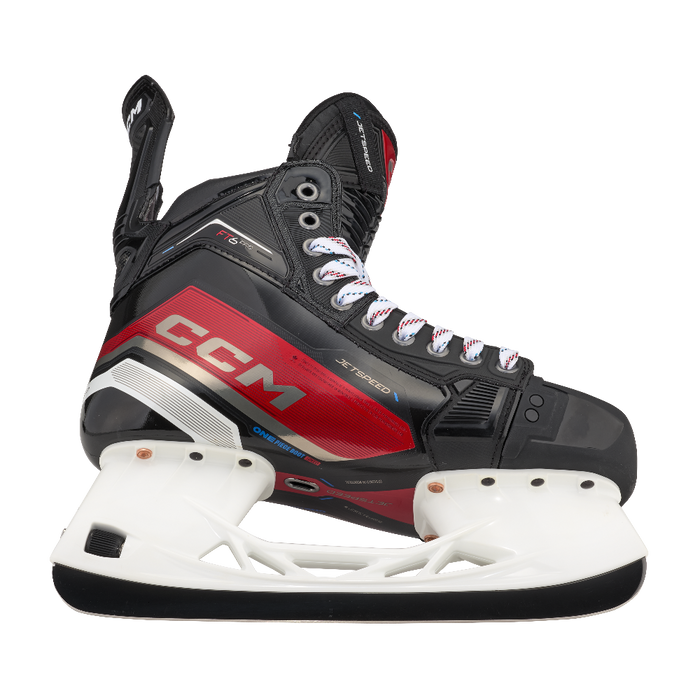 Black and red skates, with white and red laces.