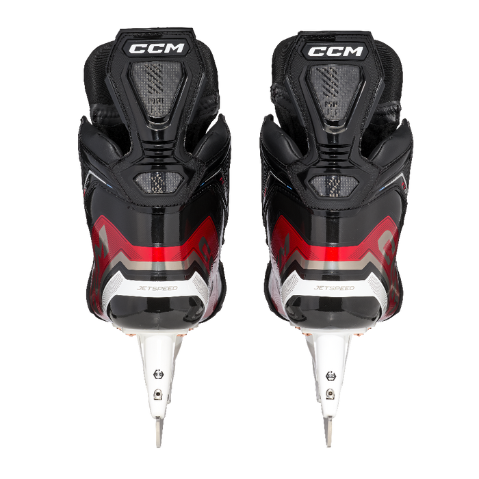 Black and red skates, with white and red laces.