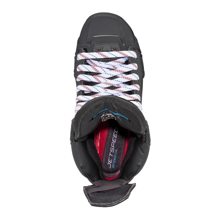 Black and red skates, with white and red laces.