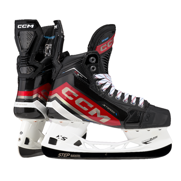 Black and red skates, with white and red laces.