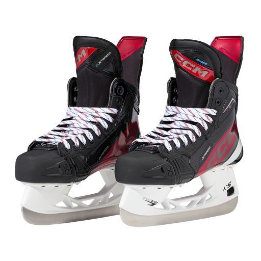 Black and red skates, with white and red laces.