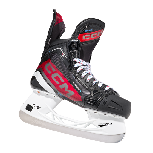 Black and red skates, with white and red laces.