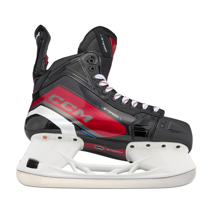 Black and red skates, with white and red laces.