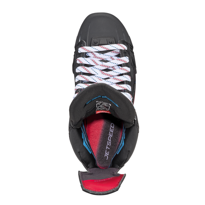 Black and red skates, with white and red laces.