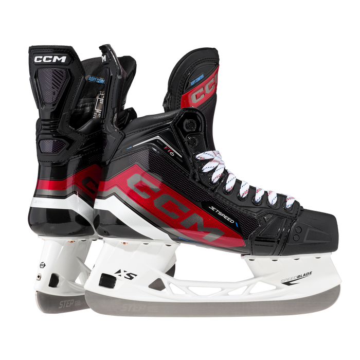 Black and red skates, with white and red laces.