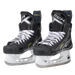 Black skates with gold accents, white laces and black lining