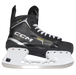 Black skates with gold accents, white laces and black lining