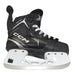 Black skates with gold accents, white laces and black lining