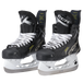 Black skates with gold accents, white laces and black lining