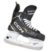 Black skates with gold accents, white laces and black lining