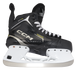Black skates with gold accents, white laces and black lining