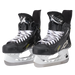 Black skates with gold accents, white laces and black lining