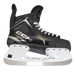 Black skates with gold accents, white laces and black lining