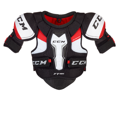 Black shoulder pad with white and red detail and red lining