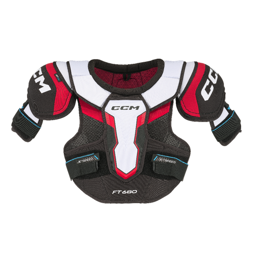 Black shoulder pads with white and red details and red lining