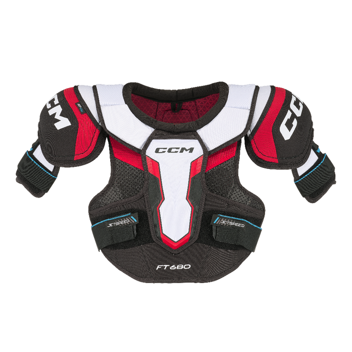 Black shoulder pads with white and red details and red lining