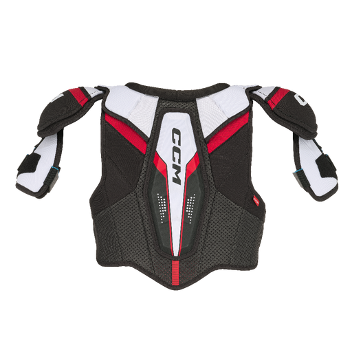 Black shoulder pads with white and red details and red lining