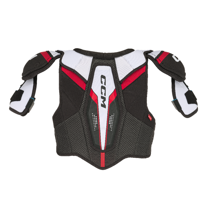 Black shoulder pads with white and red details and red lining
