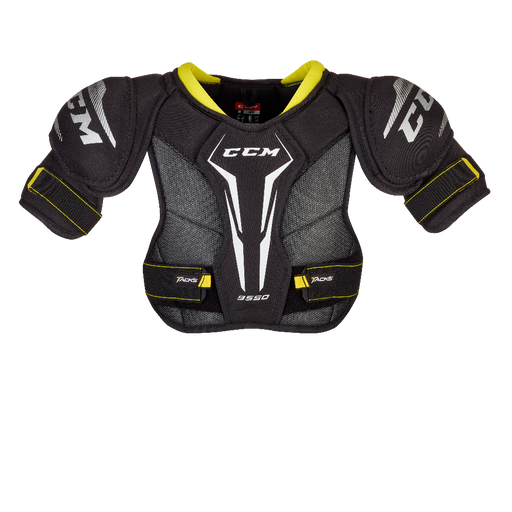 Black shoulder pad with white and yellow detail