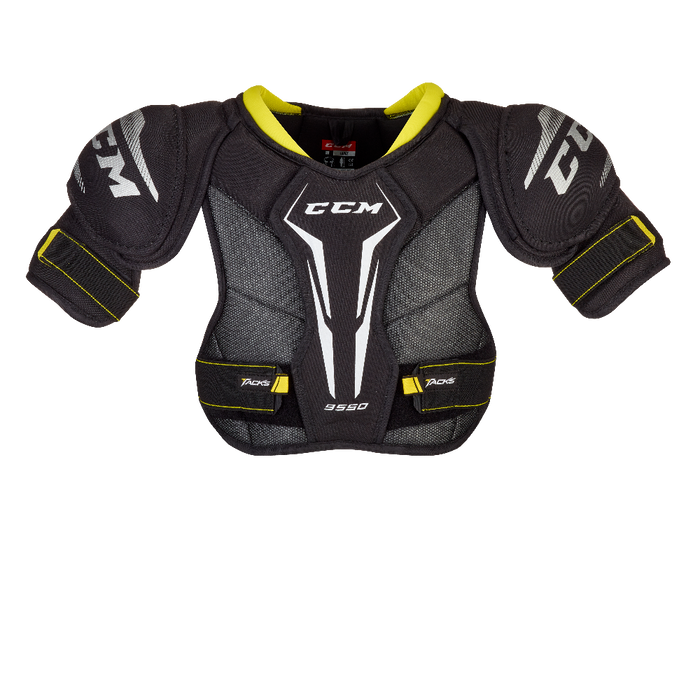 Black shoulder pad with white and yellow detail