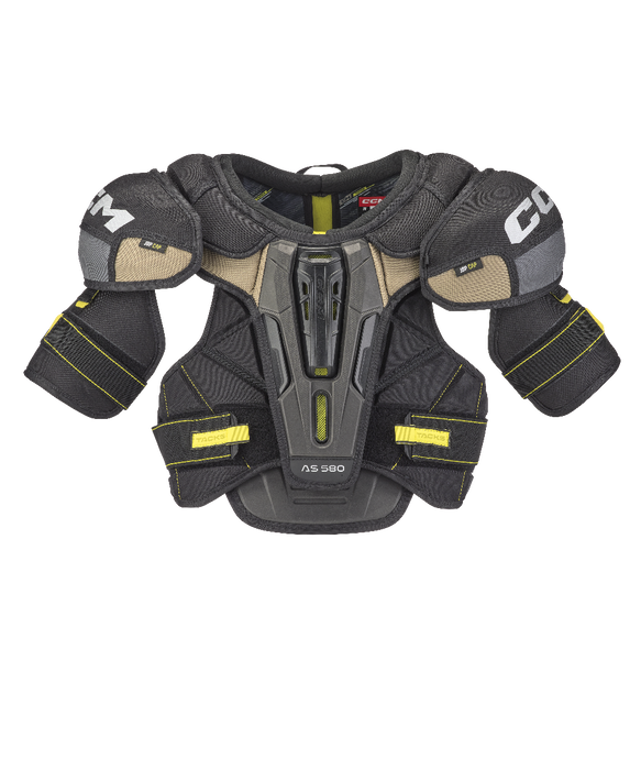 grey shoulder pads with yellow detail and yellow lining