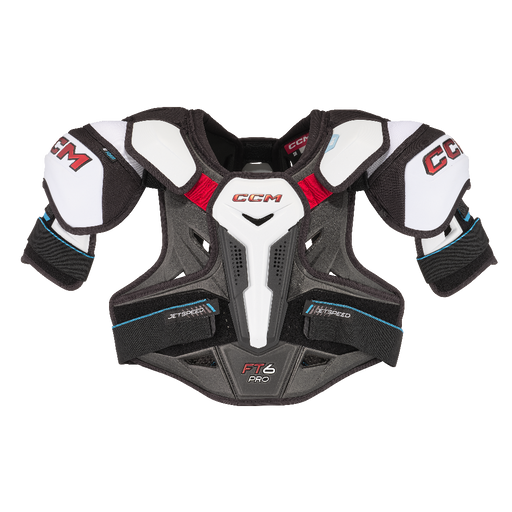 Grey shoulder pads with white details and red text
