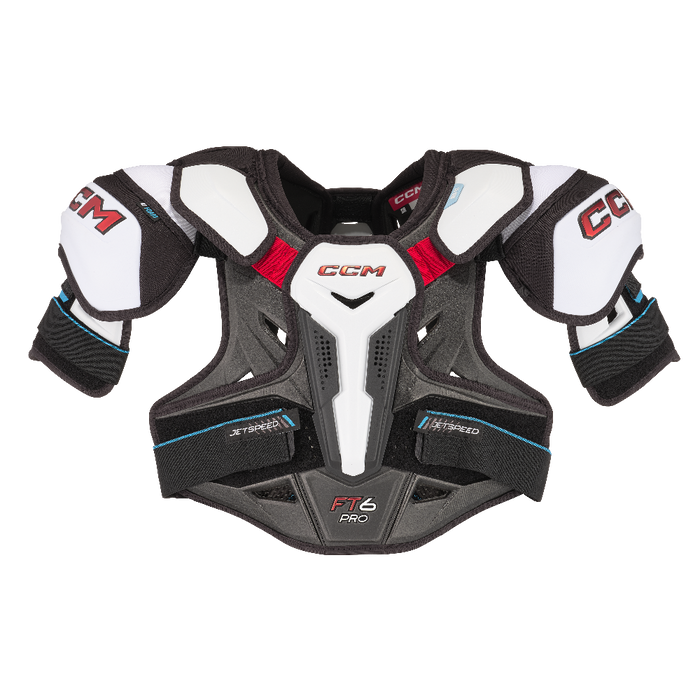 Grey shoulder pads with white details and red text