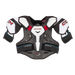 Grey shoulder pads with white details and red text