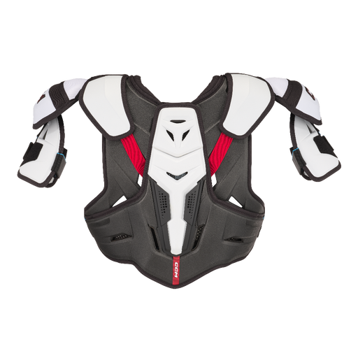 Grey shoulder pads with white details and red text