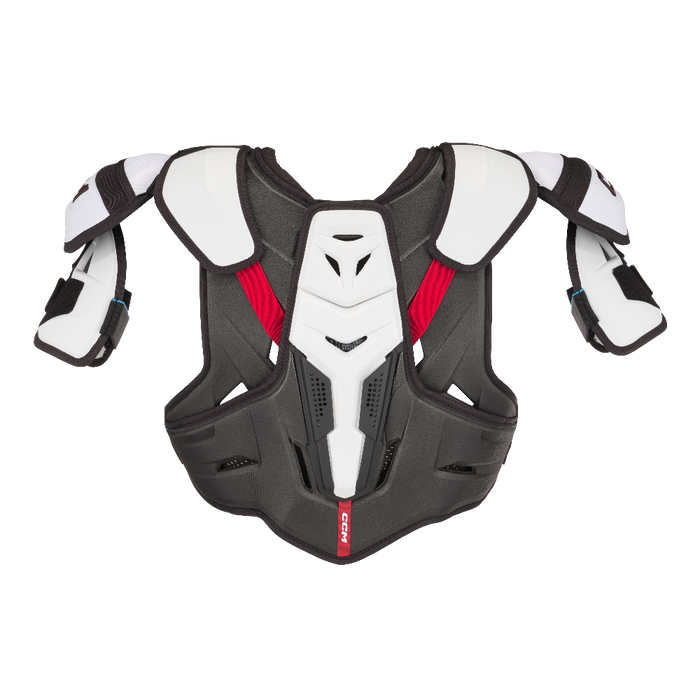 Grey shoulder pads with white details and red text