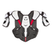 Grey shoulder pads with white details and red text