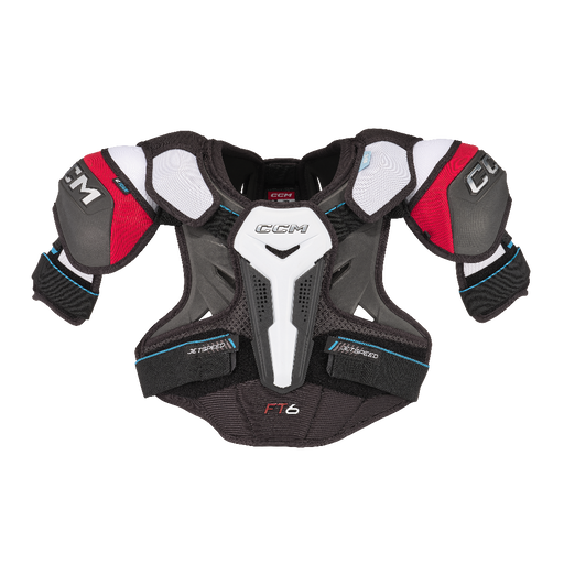 black shoulder pads with white and red details