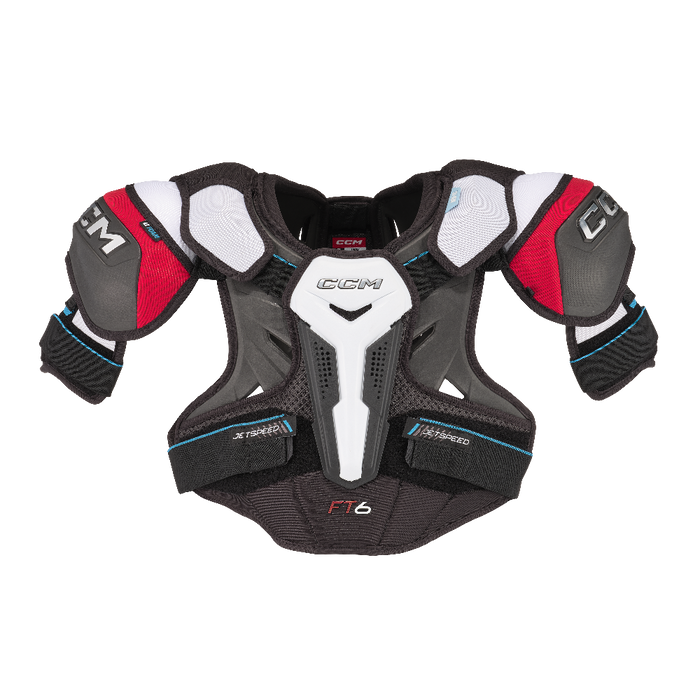 black shoulder pads with white and red details