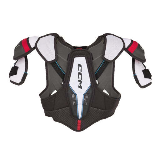 black shoulder pads with white and red details