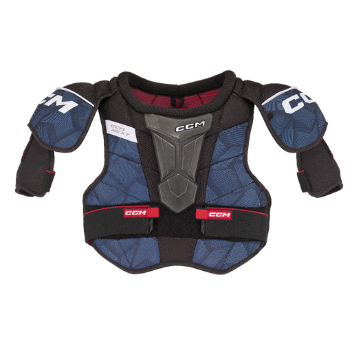 Blue shoulder pads with red lining and white details