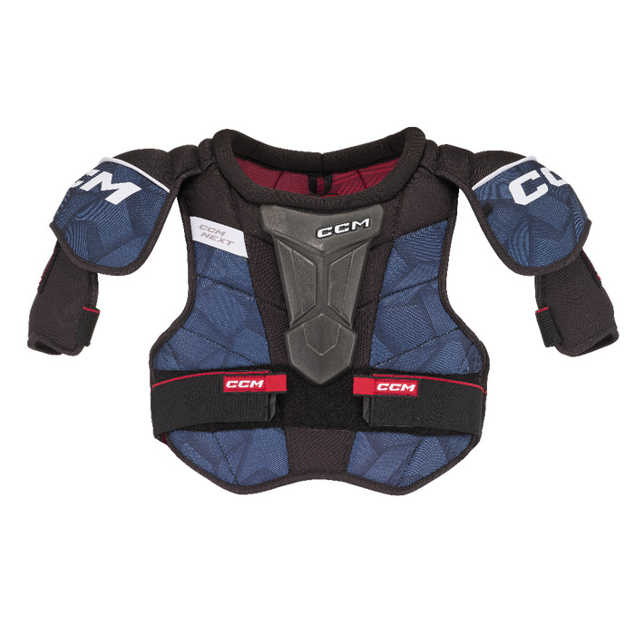 Blue shoulder pads with red lining and white details