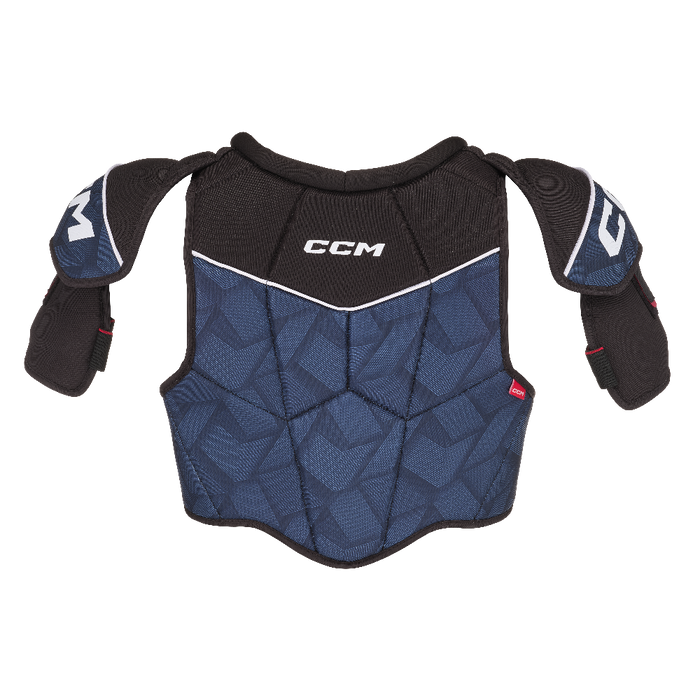 Blue shoulder pads with red lining and white details