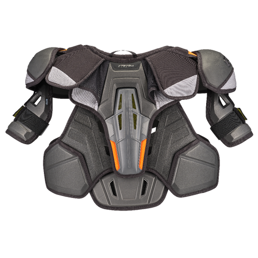 Grey shoulders with orange accents