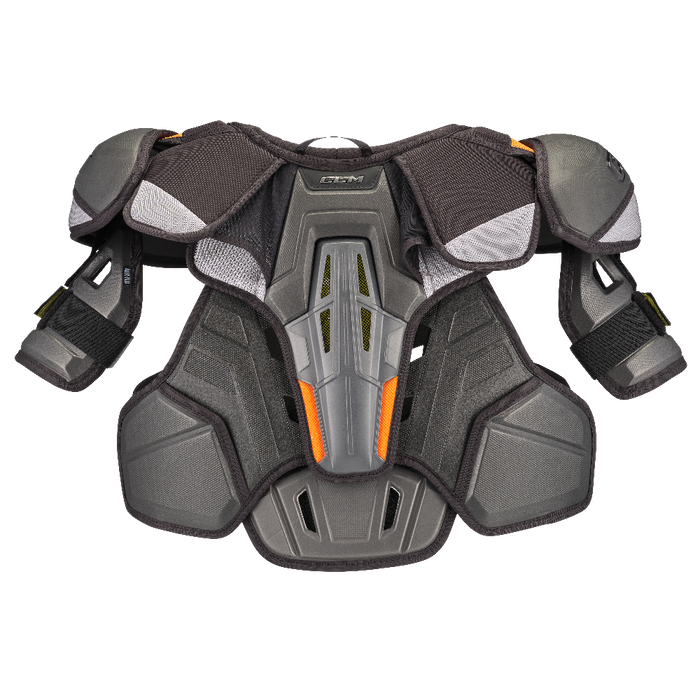 Grey shoulders with orange accents