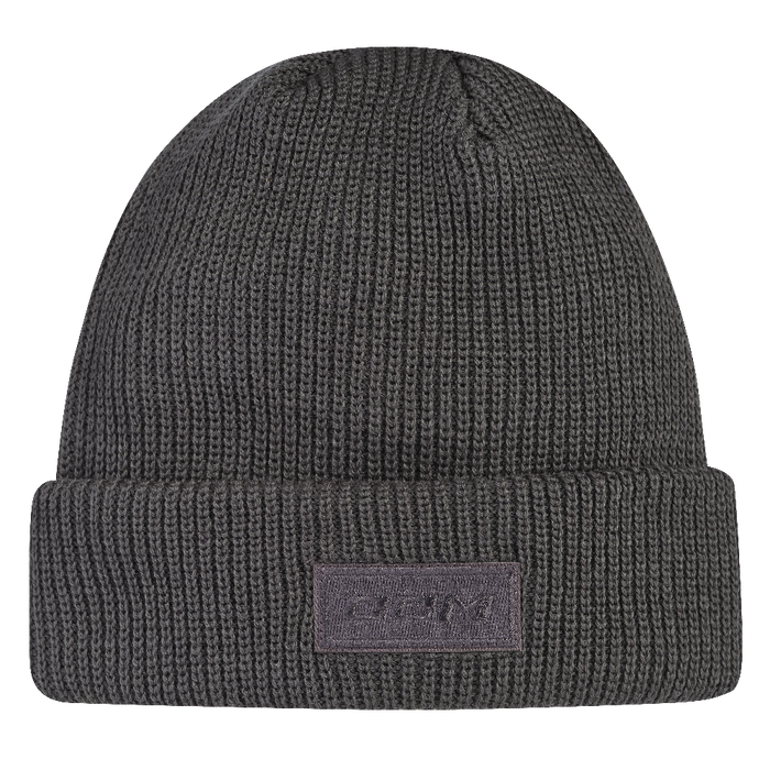Charcoal coloured beanie with CCM logo on the front