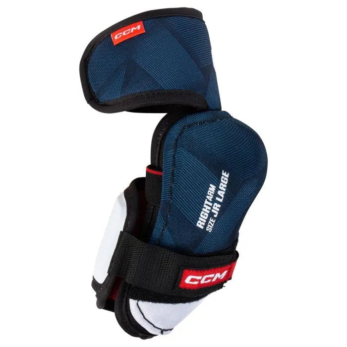 blue elbow pads with red writing and white detail