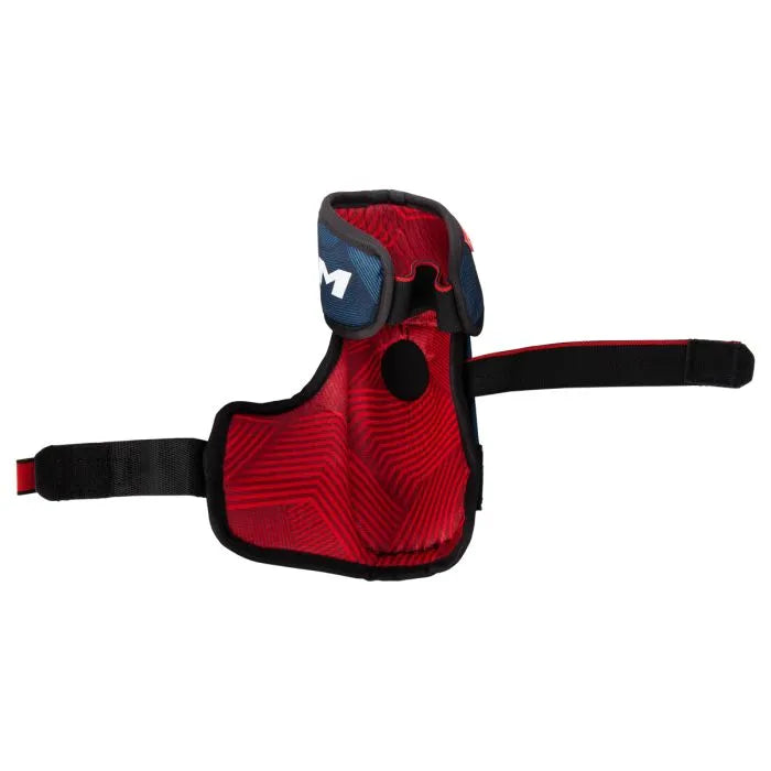 blue elbow pads with red writing/lining and white detail