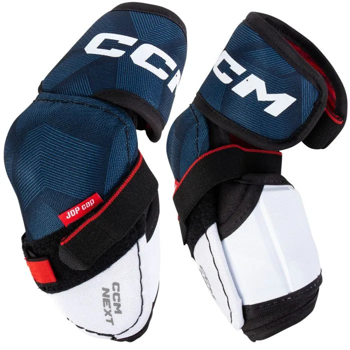blue elbow pads with red writing and white detail