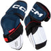 blue elbow pads with red writing and white detail