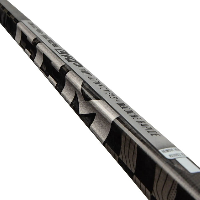 Black hockey stick with white writing