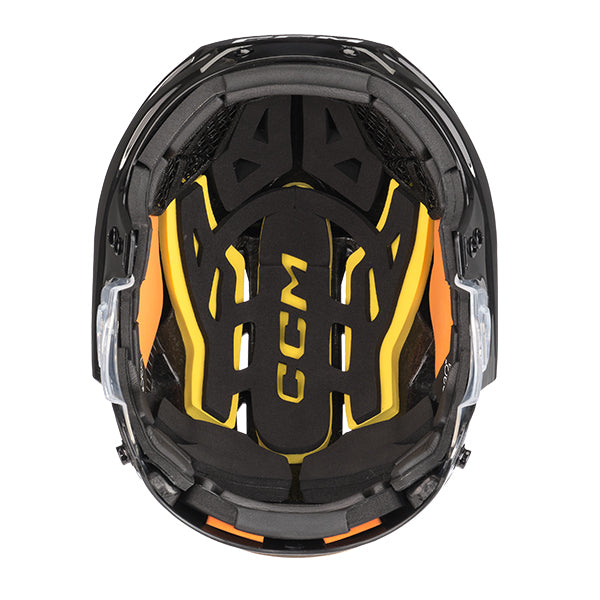 black helmet and cage with orange lining