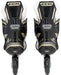 black ccm roller hockey skates with gold details and black wheels with blue details