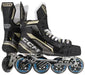 black ccm roller hockey skates with gold details and black wheels with blue details